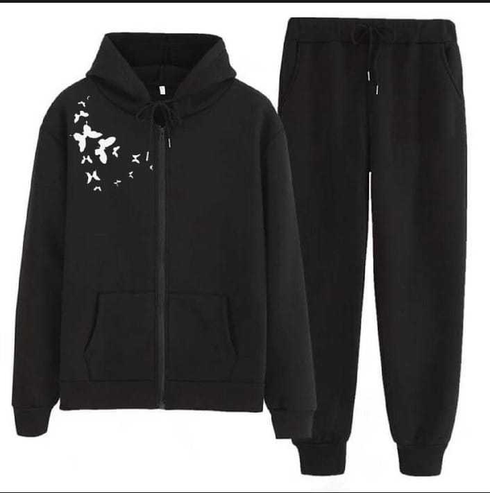Women's Black Tracksuit with Butterfly Shoulder Print - Fleece Zipper Set