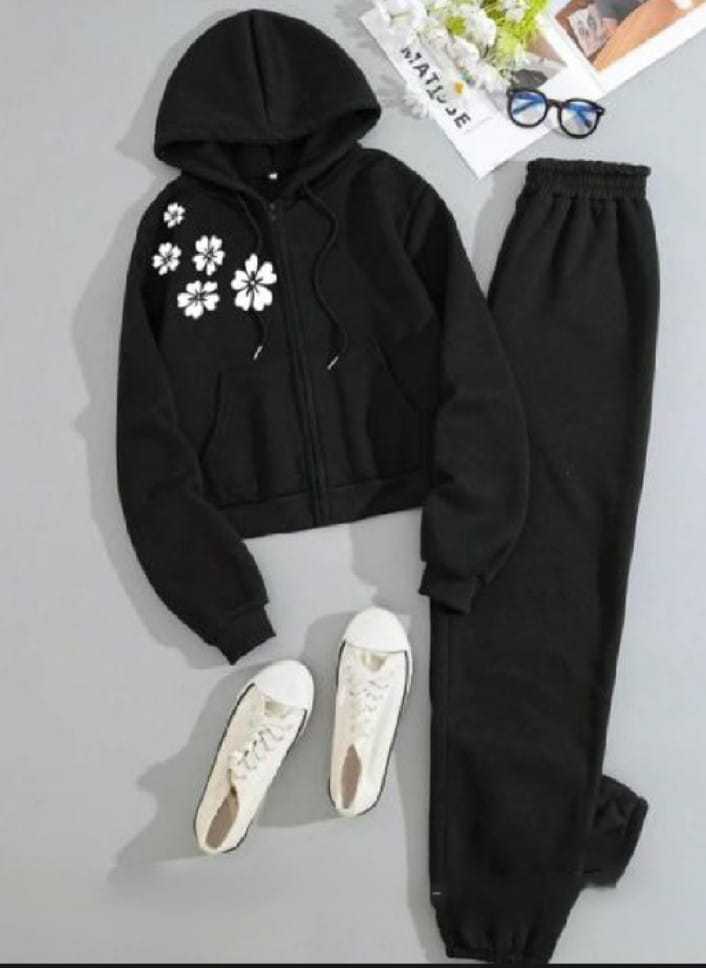 Black Fleece Tracksuit for Women with Zipper Hoodie & Floral Print