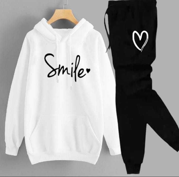 Women's White Hoodie Tracksuit with Hearts Print - Black Fleece Set