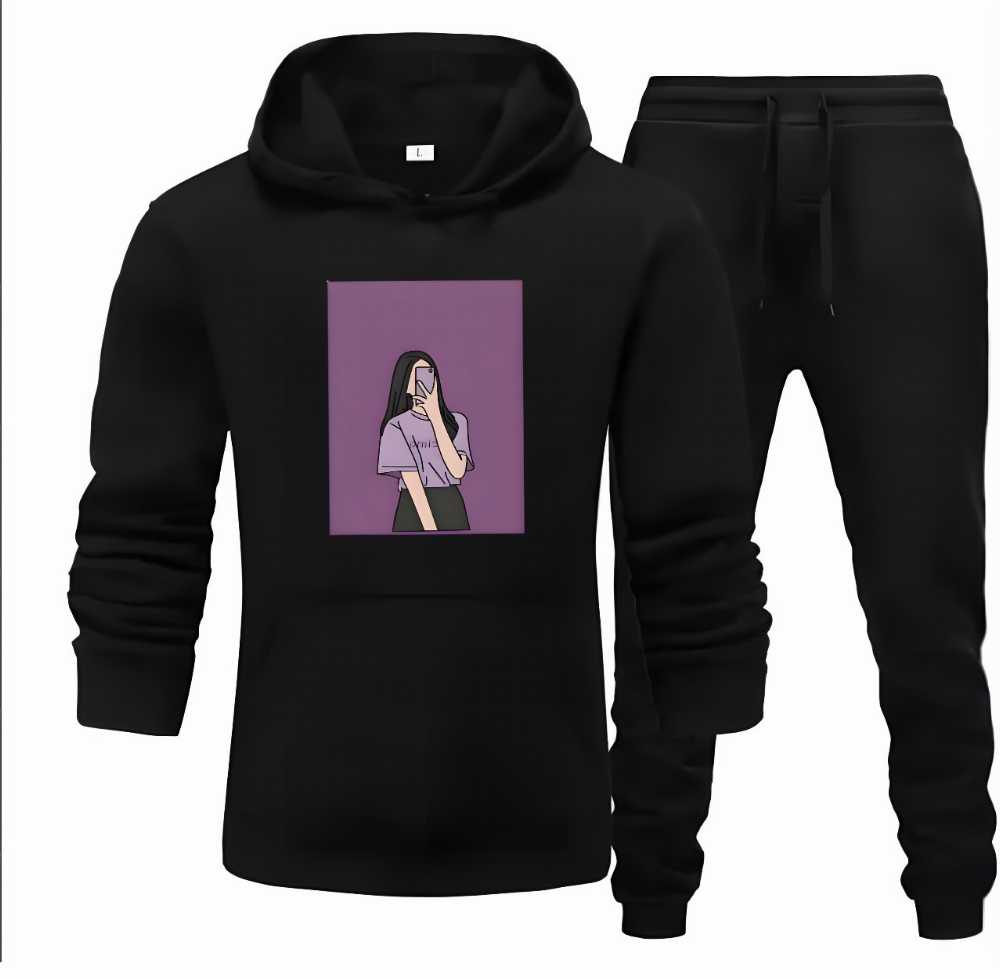 Women's Black Fleece Tracksuit - Tag Girl Selfie Print Hoodie Set