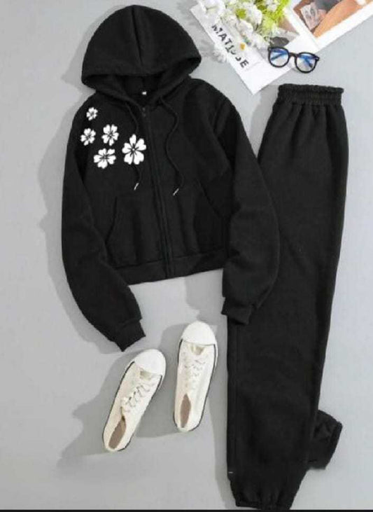 Black Fleece Tracksuit for Women with Zipper Hoodie & Floral Print