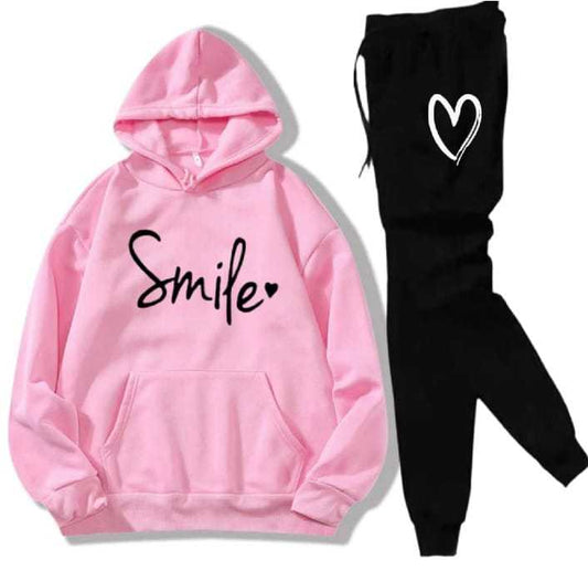 Women's Pink Hoodie Tracksuit with Hearts Print - Black Fleece Set